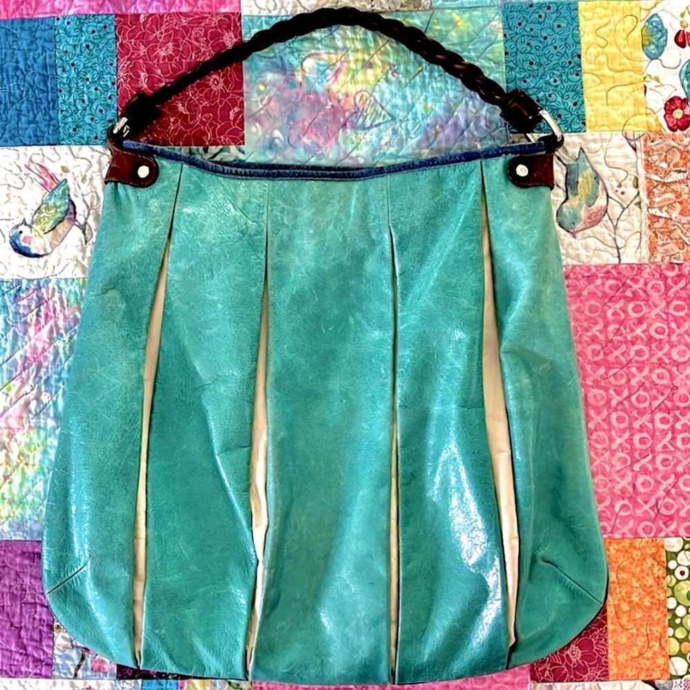 Tano Y2K Tall Blue, Brown & Cream Boho Chic Luxe Leather Hobo Satchel Bag
